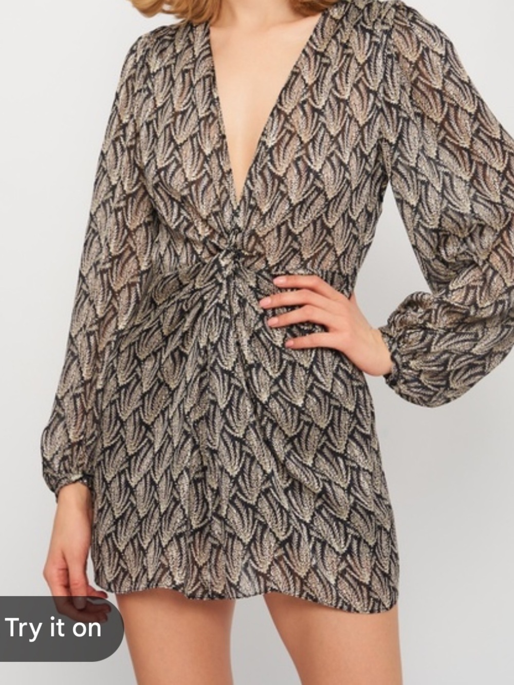 ZARA Black & Cream Long-Sleeve Printed V-Neck Dress